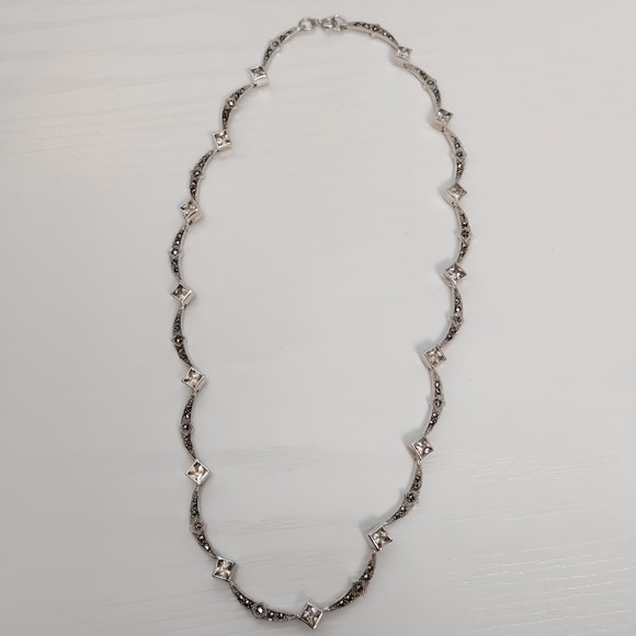 Vintage Marsala Sterling Silver Bib Necklace with Marcasite and CZ's 16 inch - Picture 5 of 13